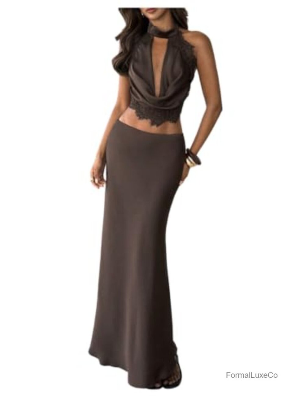Satin Lace Halter Top Fishtail Maxi Skirt 2 Piece Set Women